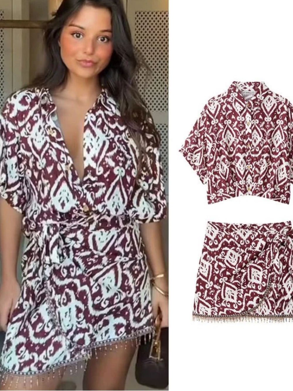 Zara Tribal Beaded Linen Blend Burgundy & White Printed Wrap Skirt